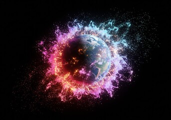 Obraz premium Vibrant energy bursts surround Earth in this cosmic digital art piece. AI Generated