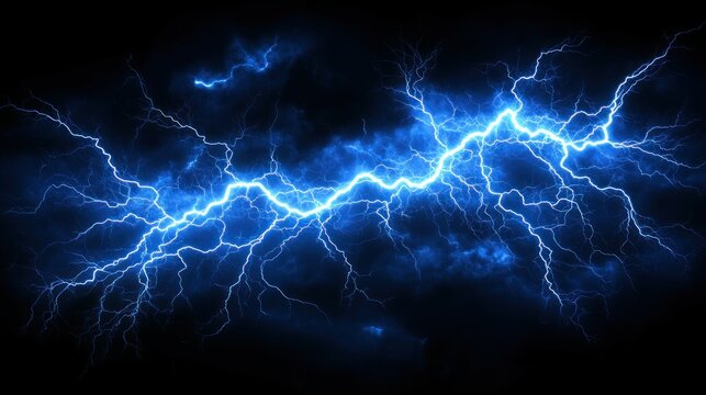 Powerful blue lightning bolts against a dark backdrop. Intense electrical energy - Powered by Adobe