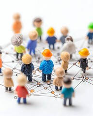 Miniature figures networking on white background