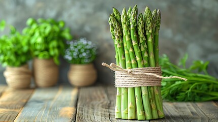 Fresh Asparagus Bunch Tied with Natural Twine on Wooden Table, Vibrant Green Vegetables and Herbs, Healthy Eating.