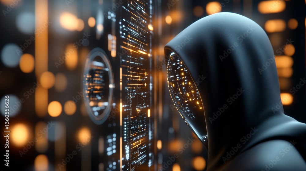 Poster mysterious figure interacting with glowing digital interface in a futuristic setting at nighttime