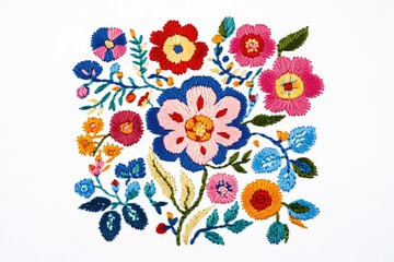 Vibrant floral embroidery design featuring colorful flowers and leaves, showcasing intricate hand-stitching.