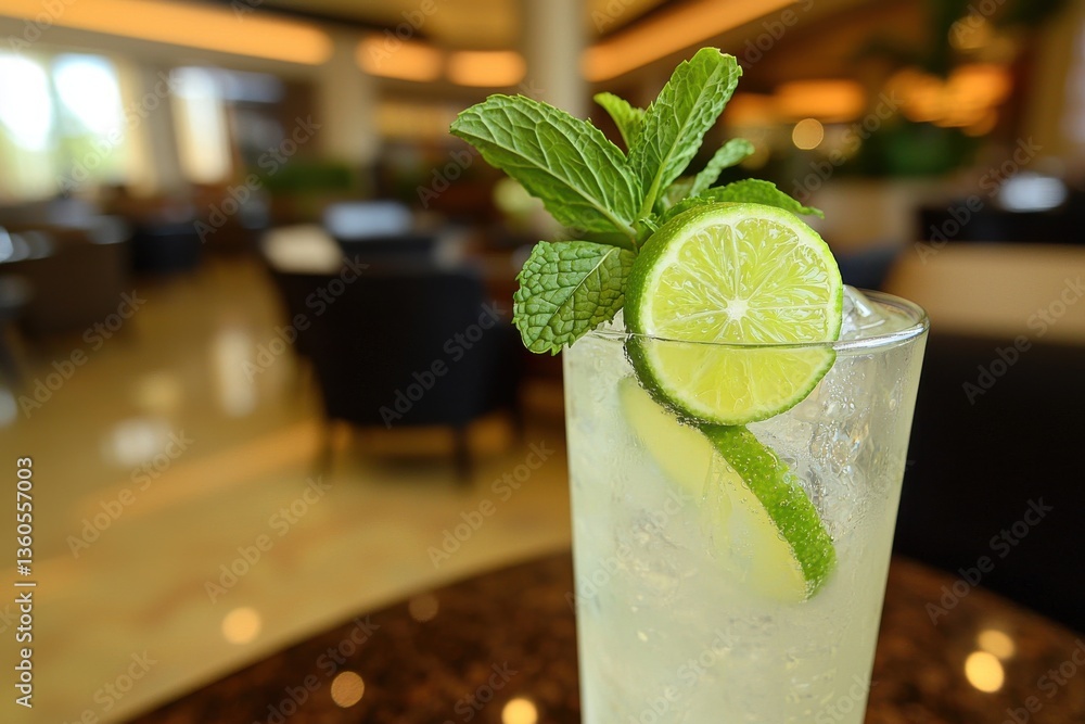 Aufkleber refreshing mojito cocktail with lime and mint garnish on a table in a hotel lobby, creating a welcom