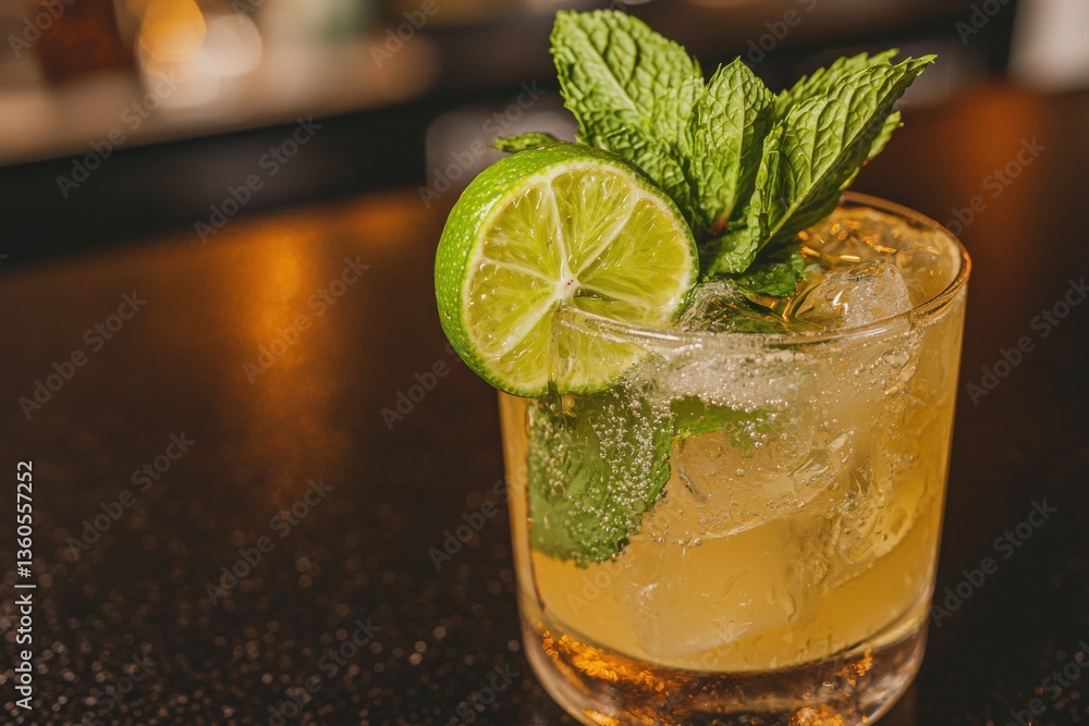Poster a refreshing whiskey cocktail with lime and mint garnish on a dark bar surface, creating an inviting