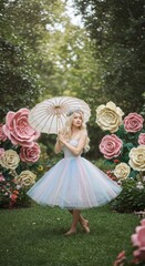 Fototapeta premium Enchanting garden scene with woman in pastel dress and floral backdrop