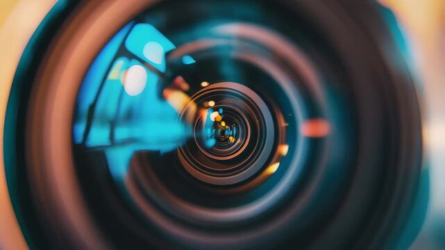 Close up view of camera lens aperture changing, creating a mesmerizing visual effect with blue and orange reflections