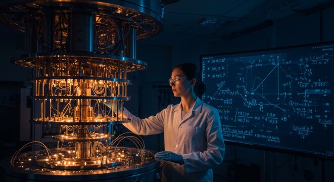 Scientist in laboratory working with advanced quantum computer and complex mathematics on screen