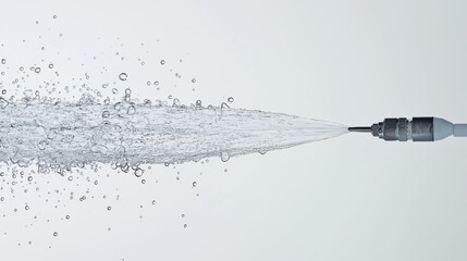 High-pressure water jet spraying droplets against a white backdrop