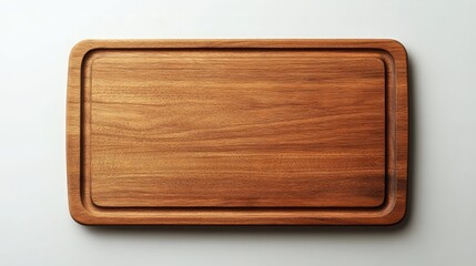 A rectangular breadboard with natural smooth wooden texture and a routed space for crumbs along its rim