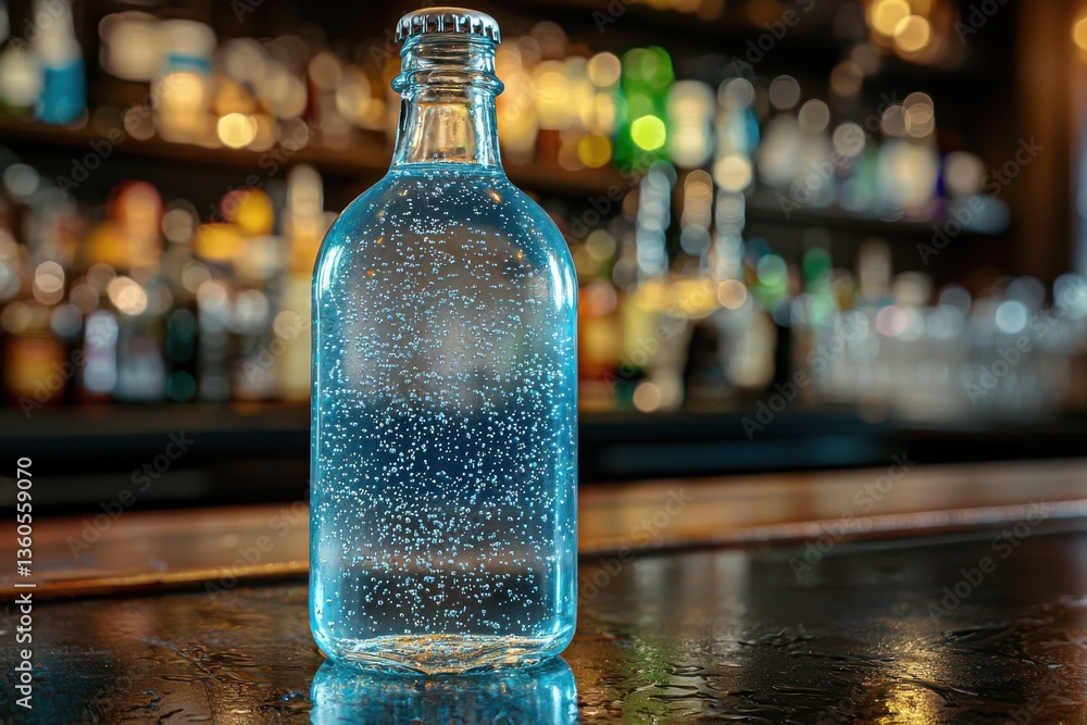 Poster an inviting bottle of sparkling water with rising bubbles, set against a warmly lit bar with a backd
