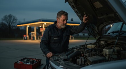 Mechanic examining car engine at night near gas station