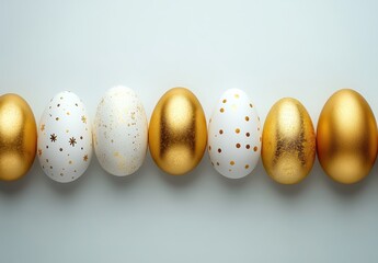 Elegant Arrangement of Gold and White Easter Eggs on a Light Background Showcasing Festive Design and Artistic Flair for Celebrating Spring Holidays