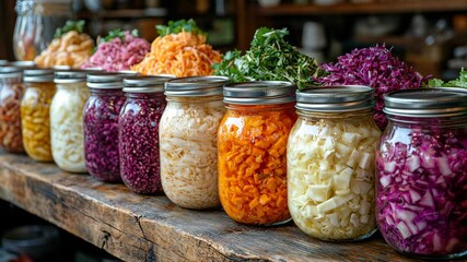 Colorful jars filled with preserved vegetables, arranged on a shelf, evoking homestead cooking and natural food storage.
