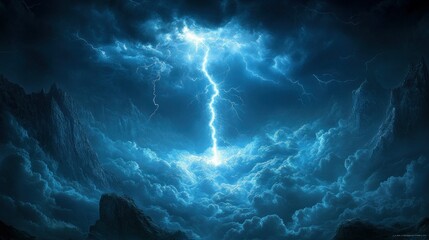 Powerful lightning bolt piercing dark storm clouds over rugged mountains