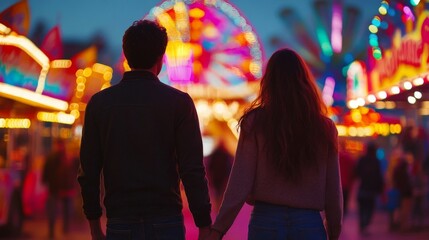 Obraz premium Couple Holding Hands Walking Through Amusement Park