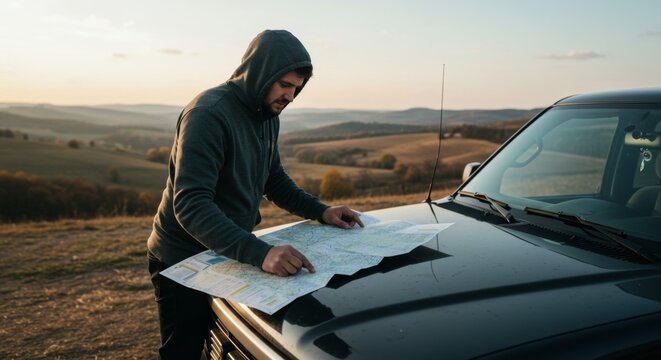 Exploring adventure with map reading on a scenic road trip at sunset - Powered by Adobe