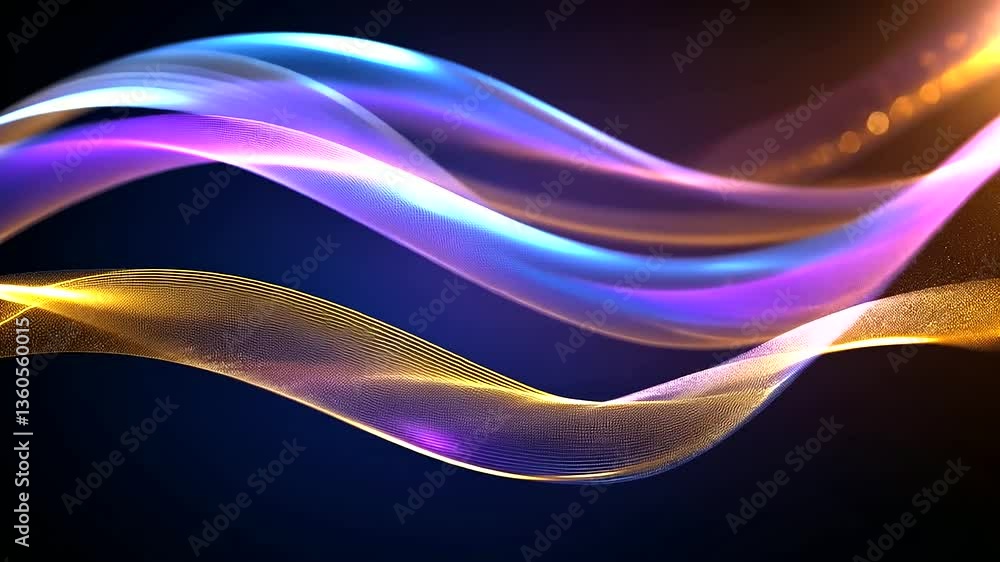 Poster flowing abstract blue and purple waves with gold accents, bathed in neon light, creating a dynamic a