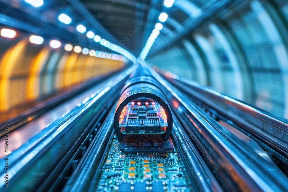 Poster futuristic transport system for microchips with digital circuit boards on rails, symbolizing technol