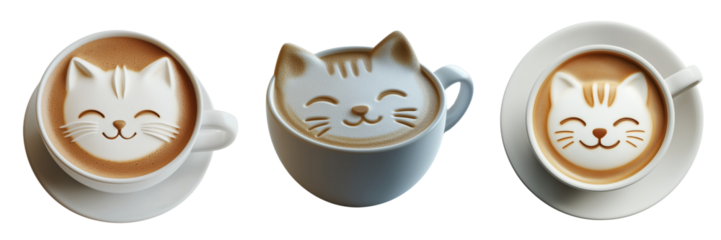 Cute Cat Latte Art in White Ceramic Cups with Smiling Faces Isolated on a Transparent Background