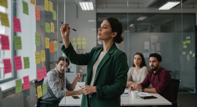 Professional team meeting with businesswoman presenting ideas on a transparent board