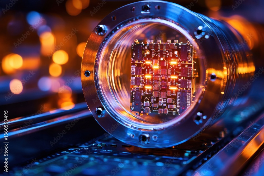 Poster close up of a quantum computer chip inside a cylindrical container with metallic elements, showing c