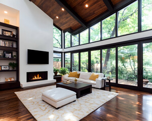 Modern living room with fireplace, high ceilings, and large windows overlooking lush garden