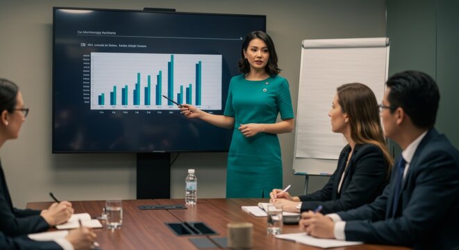 Business meeting presentation on financial growth strategies with professional team in an office setting