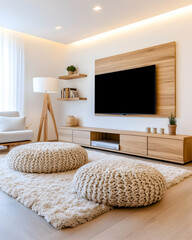 Modern living room with wooden TV unit, plush ottomans