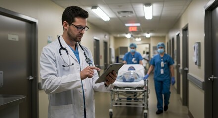 Medical team in hospital corridor with doctor using digital tablet for patient care