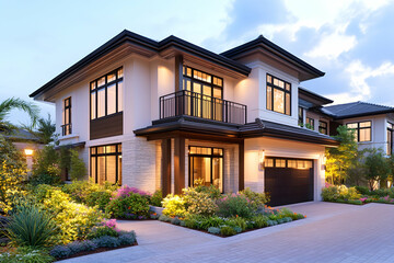 Modern luxury home twilight exterior landscaping driveway