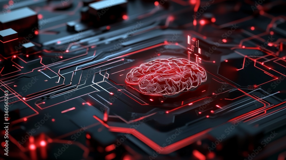 Poster innovative fusion of technology and neuroscience with a digital brain design on a circuit board back
