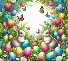 Obraz premium A vintage-inspired Easter illustration featuring a cute rabbit in a flower-filled meadow. The soft pastels and festive details evoke nostalgia, childhood wonder, and seasonal charm.