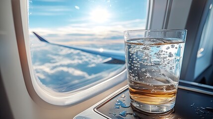 A glass of ice water sits on an airplane tray table, the wing and bright blue sky visible through the window, with a slight splash.