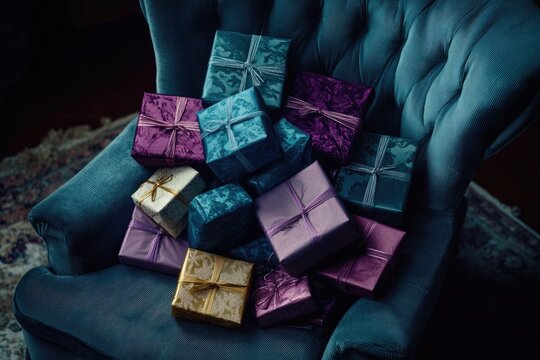 A teal armchair holds a pile of beautifully wrapped gifts in shades of purple, teal, and gold, creating a festive and luxurious scene.
