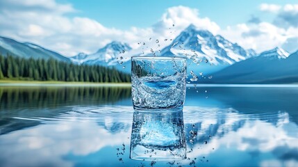 A glass of pure water splashes, reflecting a serene mountain lake and snow-capped peaks beneath a bright blue sky.