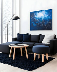 Modern sectional sofa in snowy winter living room
