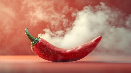 Steaming Red Chili Pepper on Red Background, A single red chili pepper with steam rising against a red background