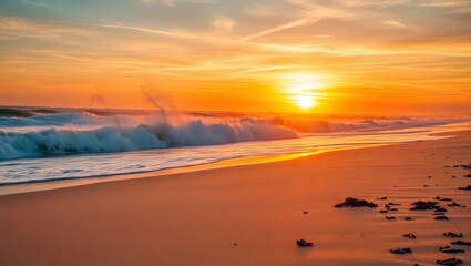Obraz premium Big waves crashing on sandy beach at sunset