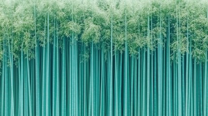 Fototapeta premium Sunlight streams softly through the towering bamboo, creating a dreamy, mist-filled atmosphere in the serene forest