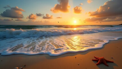 Obraz premium Starfish resting on the beach at sunset with seagulls flying