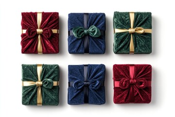 Six velvet gift boxes in red, green, and blue, tied with gold and black ribbons.