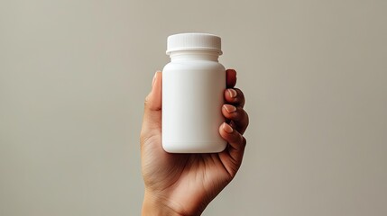 A hand holding a white pill bottle against a neutral backdrop.
