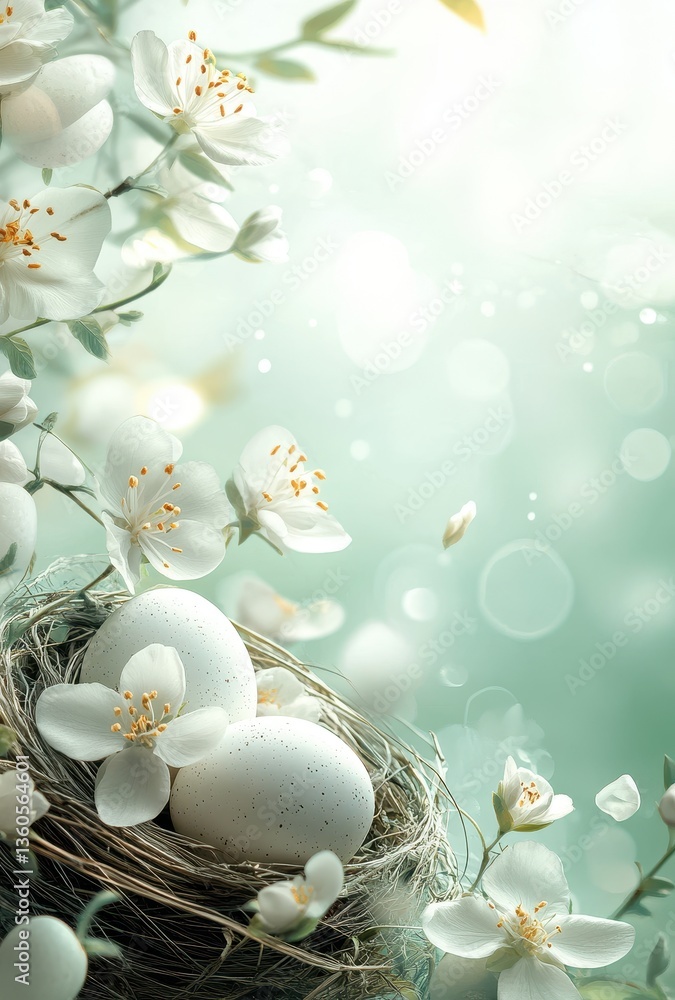 Poster elegant nest with white eggs surrounded by delicate blossoms and soft bokeh background for spring an