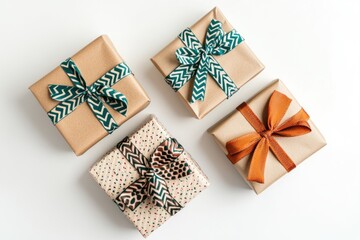 Four wrapped gifts with patterned ribbons,  a festive and celebratory arrangement.