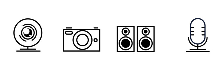 Fototapeta premium Media and Audio Equipment Icons, Webcam, Camera, Speakers, Microphone, Black and White Outline, Minimalist Digital Symbols, Technology and Recording Devices Illustration.