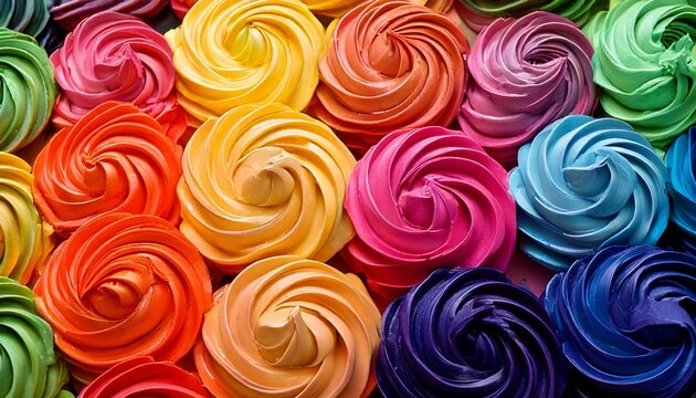 Vibrant rainbow marshmallow fluff swirls: piped, light, and fluffy cream texture background