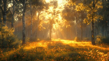 Fototapeta premium Sunlight Shining Through Birch Tree Forest with Wildflowers Blooming