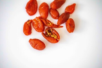 The goji berry, also known as wolfberry pinyin, is the sweet fruit of Lycium barbarum or Lycium chinense, two closely related species of thornbush in the nightshade family, Solanaceae
