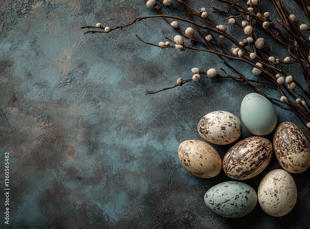 Aufkleber elegant rustic background with decorative easter eggs and twigs displaying natural colors and textur