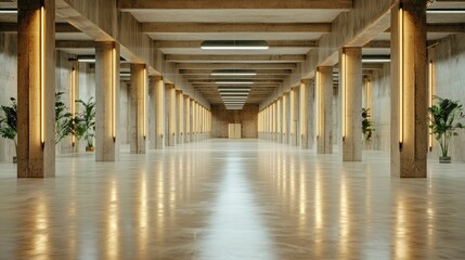 Fototapeta premium Large minimalistic parking basement with smooth concrete floors and dramatic lighting.